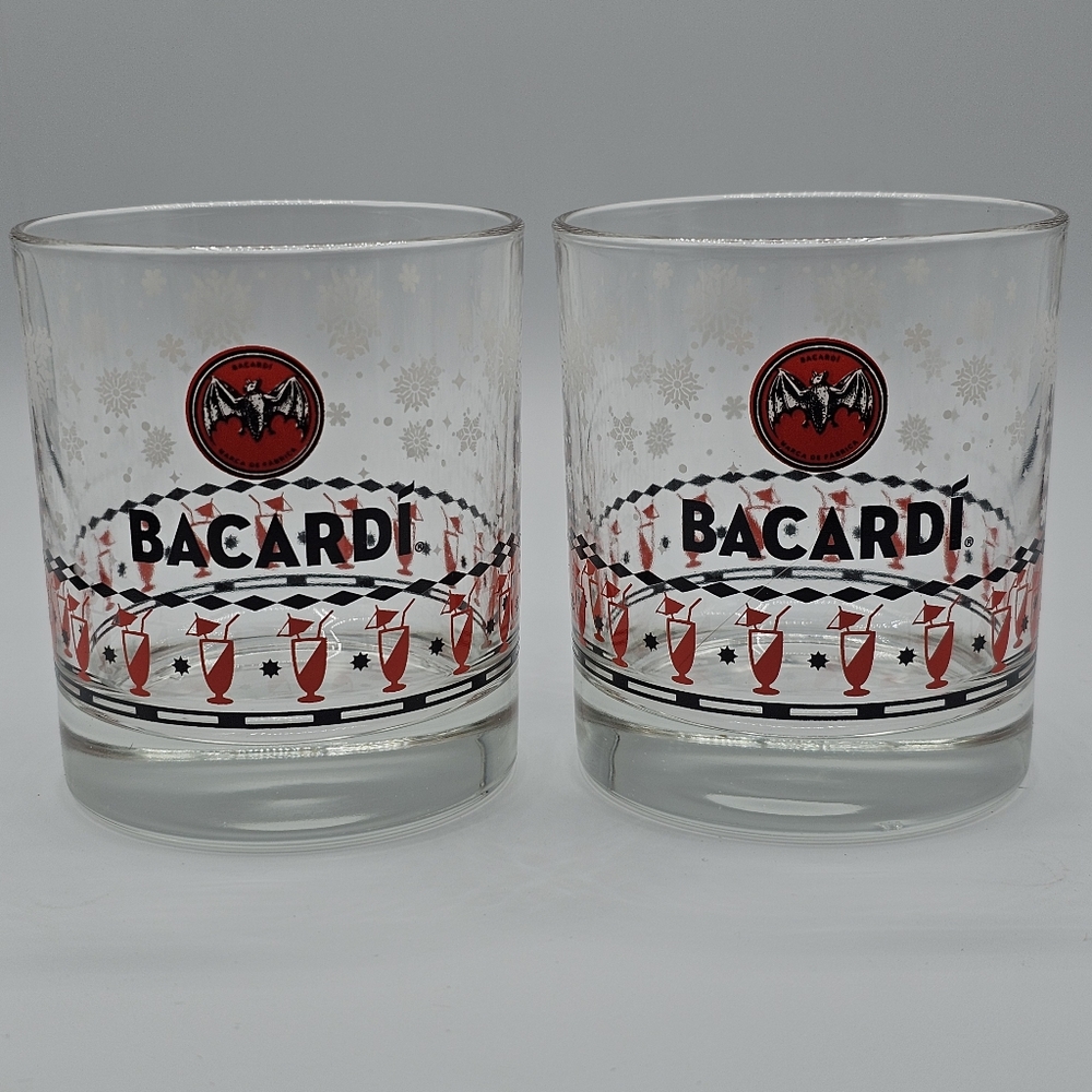 Bacardi Lowball Glasses with Snowflakes and Glasses with Umbrellas Set of 2